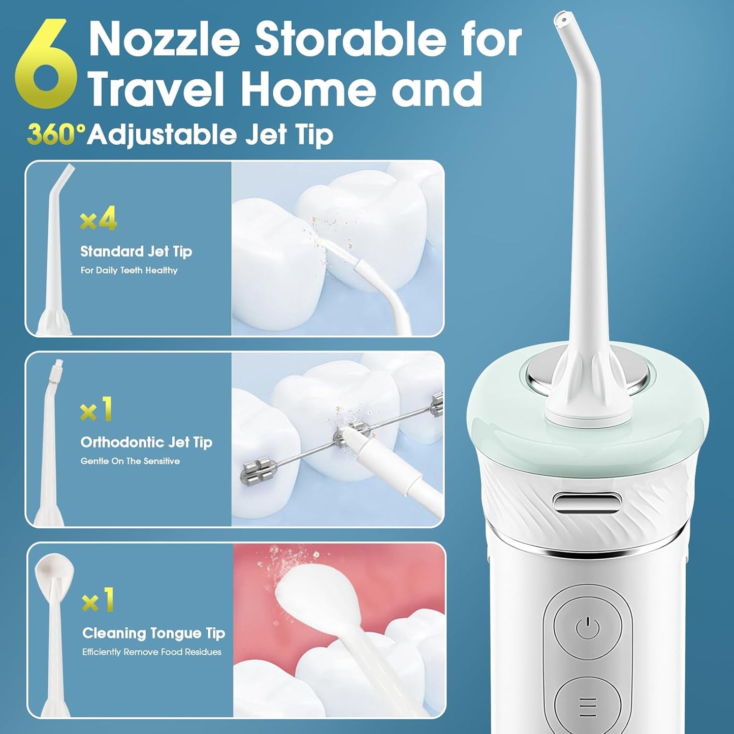 HANGSUN Compact Travel Water Flosser-Cordless, Deep Plaque Removal, 30 Days Battery, 3+1 Modes (DIY 8 Levels), 6 Nozzles for Braces/Sensitive Gums, IPX7, 180ml Collapsible Tank, Rechargeable, Green