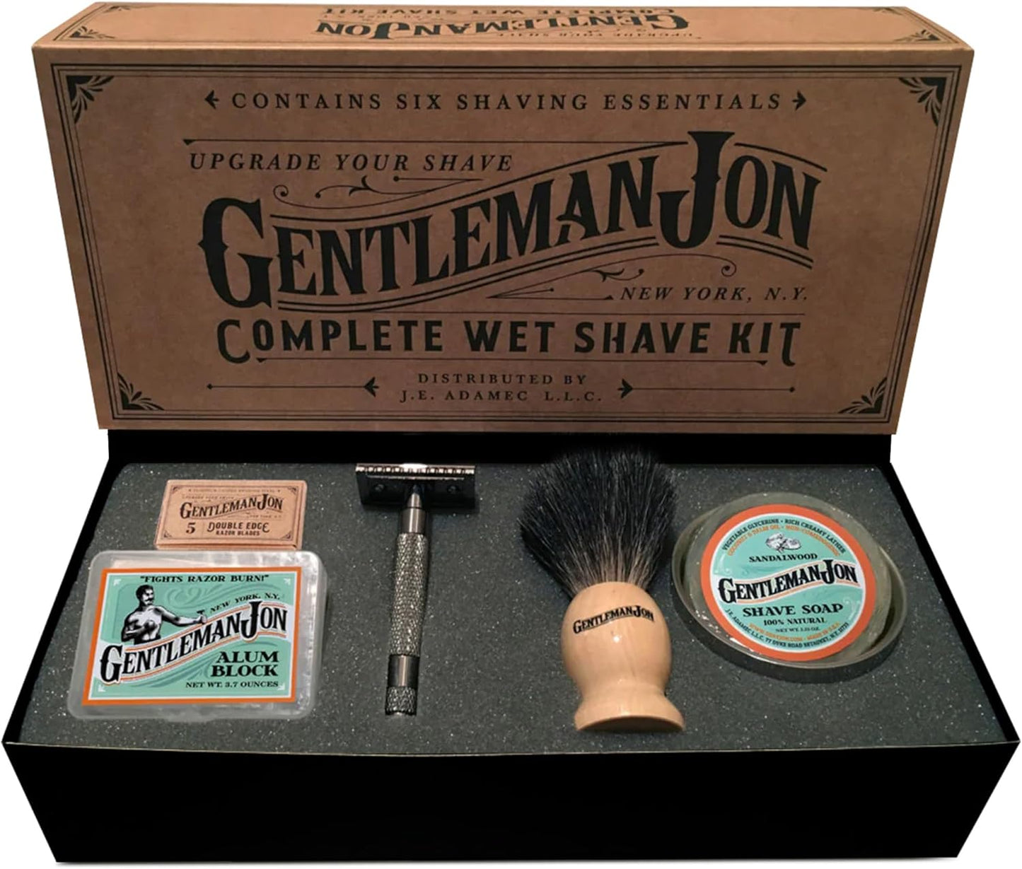 Gentleman Jon Safety Razor Shaving Kit | Vintage Wet Shave Grooming Set for Men - Includes: Safety Razor, Hair Shaving Brush, Alum Block, Shave Soap, Bowl & Double Edge Razor Blades