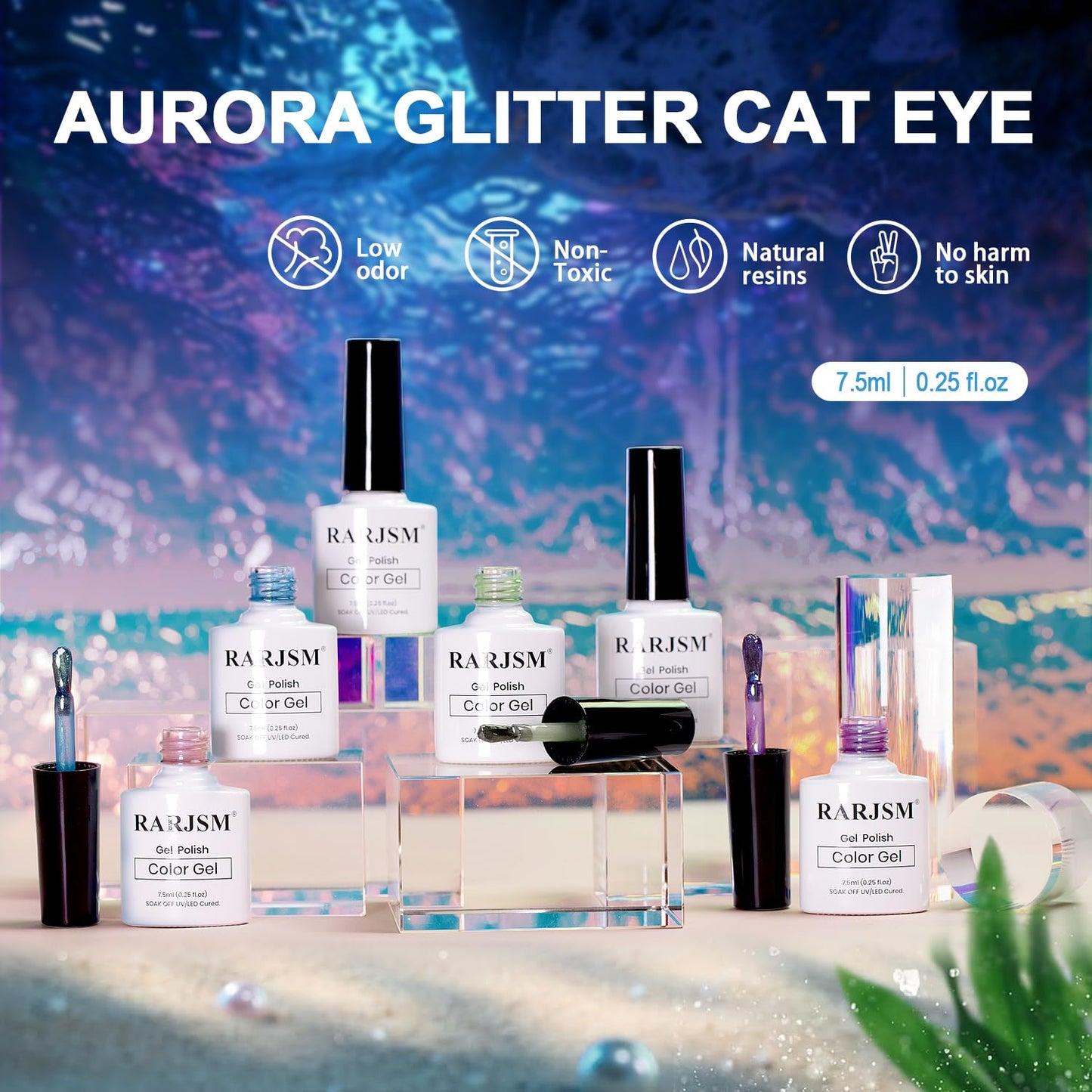 RARJSM Aurora Mermaid Cat Eye Gel Nail Polish Set 6pcs Reflective Pink Purple Green Blue Diamond Ceramic Glitter Glass Cateye Gelpolish with Magnet Stick 7.5ml Curing Requires Soak Off for Home Salon