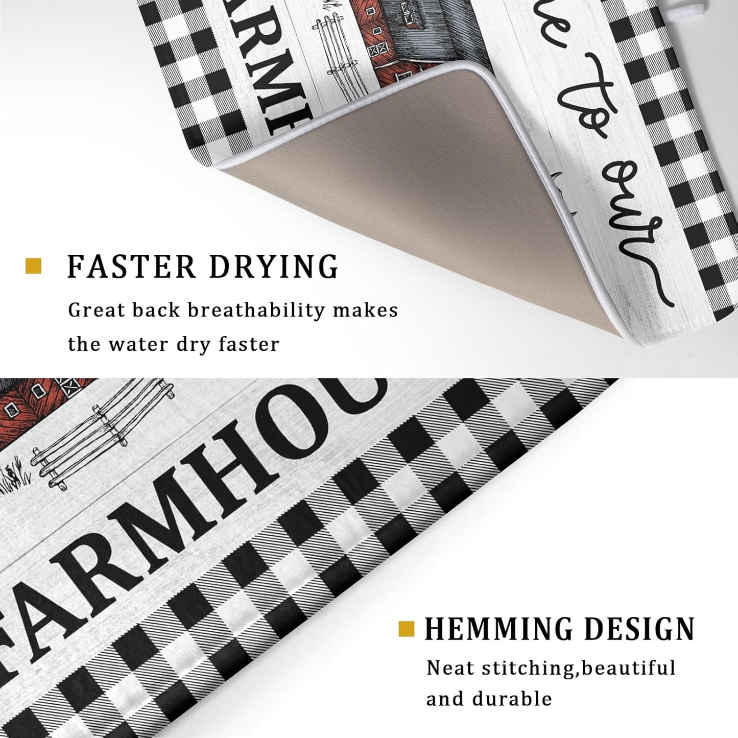 Farmhouse Barn Dish Drying Mat 18x24 Inch Cow Rooster Absorbent Microfiber Dish Drainer Rack Pad Bottles Protector for Kitchen Counter