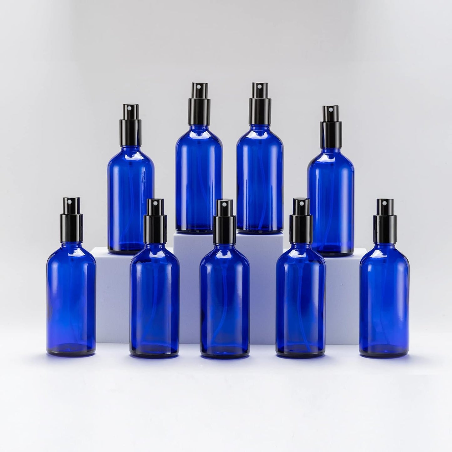 YIZHAO Blue Glass Spray Bottles 4oz, with Small Fine Mist Spray, Metal Cap, Refillable for Essential Oil,Travel,Cleaning,Perfume,Aromatherapy,Makeup – 9 Pcs