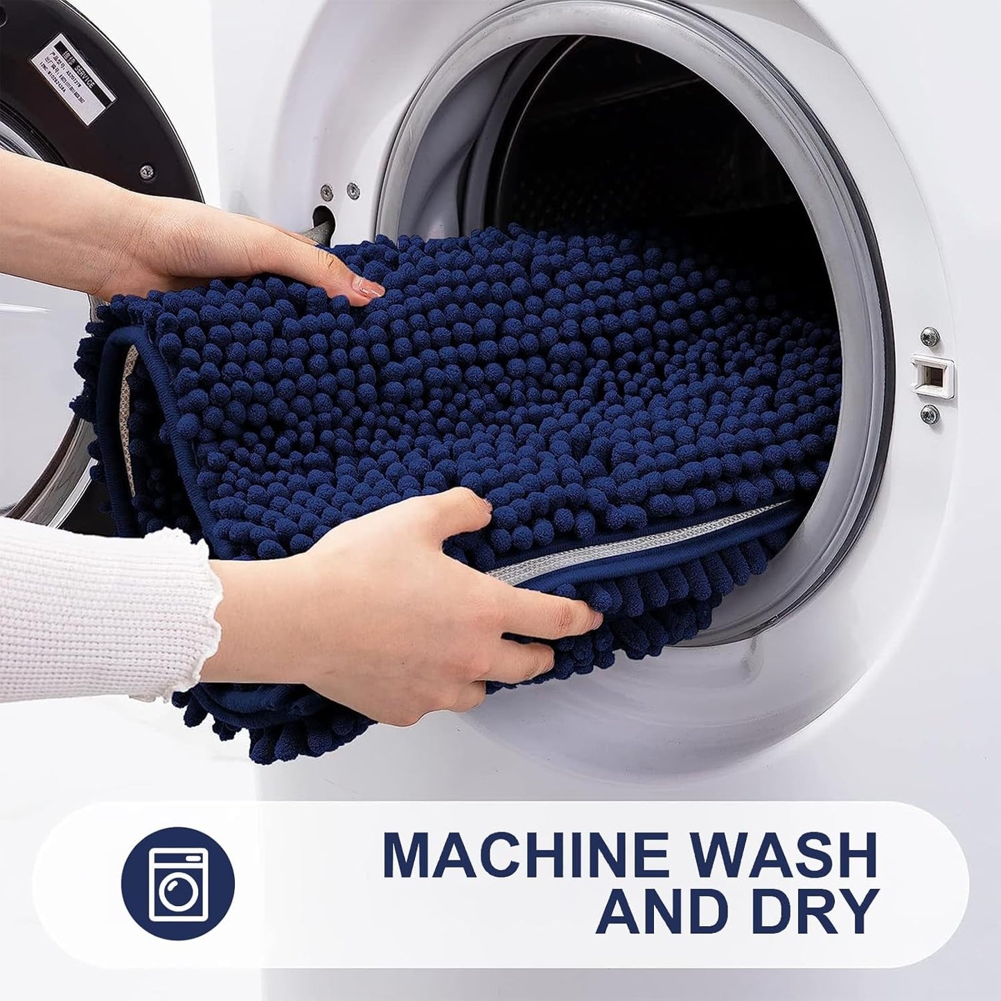 Grandaily Chenille Striped Bathroom Rugs 24x16, Extra Thick and Absorbent Bath Mats, Non-Slip Soft Plush Shaggy Shower Carpet, Machine Wash Dry, Bath Rug for Bathroom, (Small, Navy)