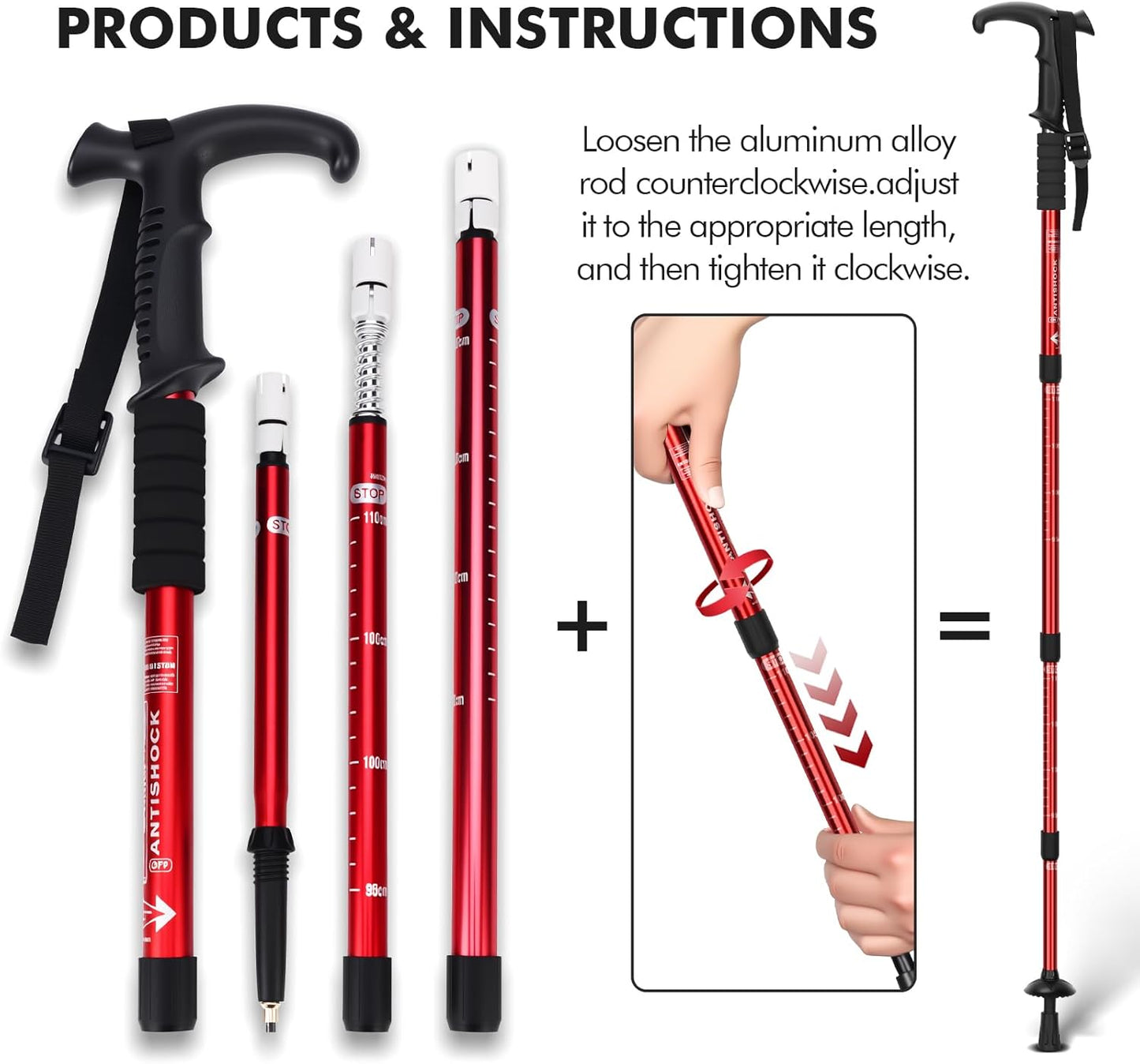 Telescopic Walking Cane 43 Inch with Anti-Shock & T-Grip Handle - 7075 Aluminum Quick Lock Trekking Pole, Ultralight for Hiking, Camping, Mountaineering