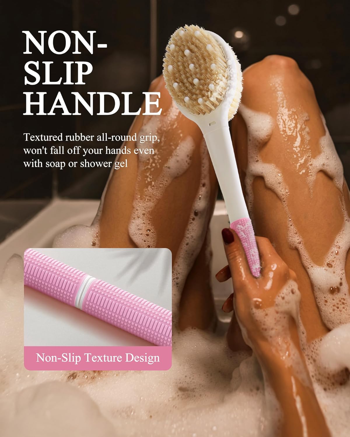 Shower Brush for Massage Dry Brushing: Back Scrubber for Shower with 18.1 in Anti Slip Long Handle - Bath Body Brush for Lymphatic Drainage, Exfoliator Improving Skin Health for Women Men Elderly Pink