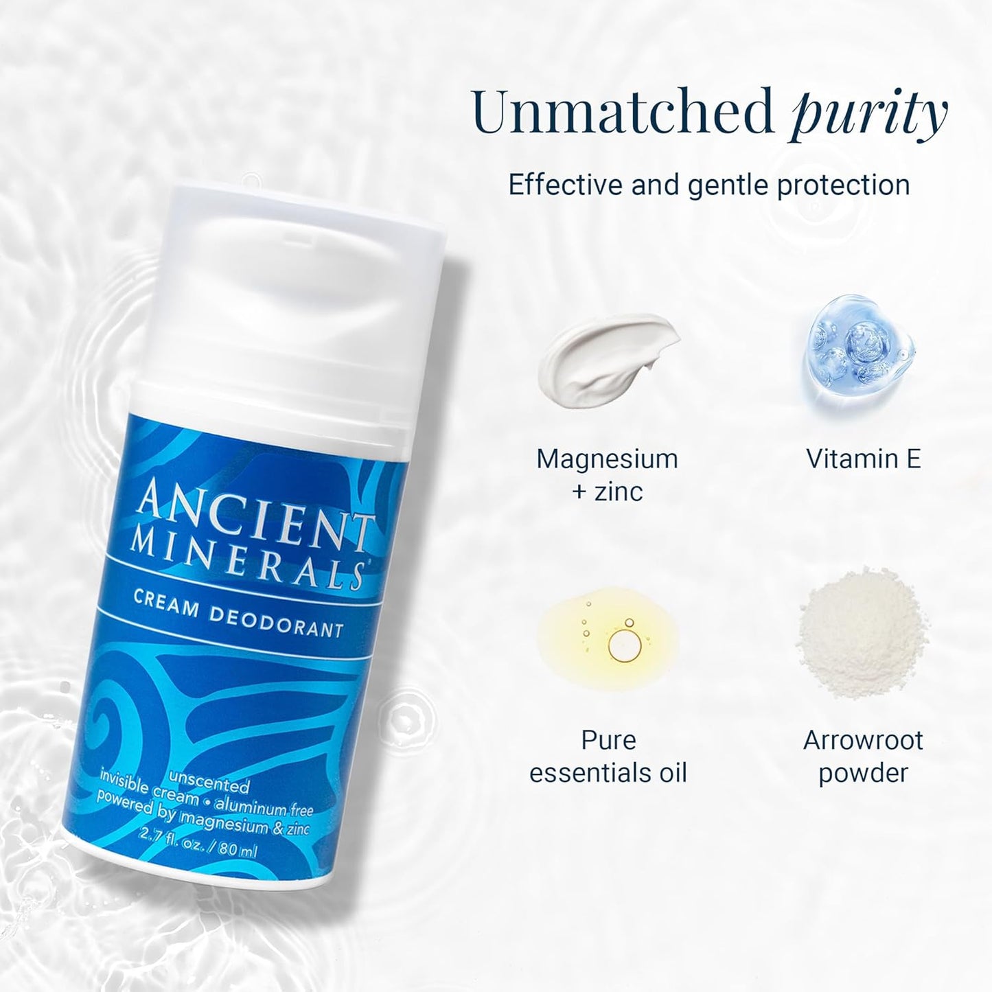 Ancient Minerals Natural Deodorant Cream – Unscented, Aluminum-Free with Magnesium, Zinc & Vitamin E for Women and Men, Vegan Formula for Sensitive Skin, 24-Hour Odor Protection, 2 oz