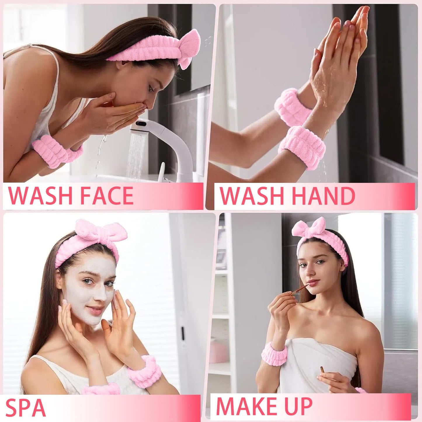 16pcs Skincare Headband Set, Headband Set for Face Washing Spa and Makeup, Including 1 Hairband, Wristband, 3 Hair Claw Clips and 10 Hair Ties, with Box, Gift for Women and Girls, Pink