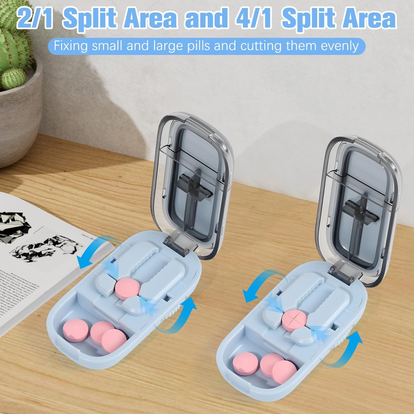 Pill Cutter Splitter for Small and Tiny Pills, Larger Pills, Echu Pill Cutter, Adjustable 1/2 1/4 Splitter with Improved Sharp Blade, Accurate Centering Alignment Device (Blue)