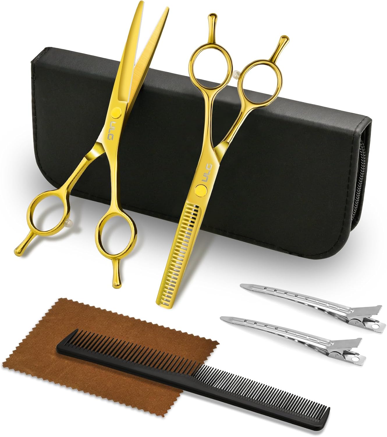 ULG Professional Hair Cutting Scissors Set – 6.5” Japanese Stainless Steel Barber Shears & Thinning Scissors with Comb, Clips & Case – At-Home Salon Haircut Kit Gold