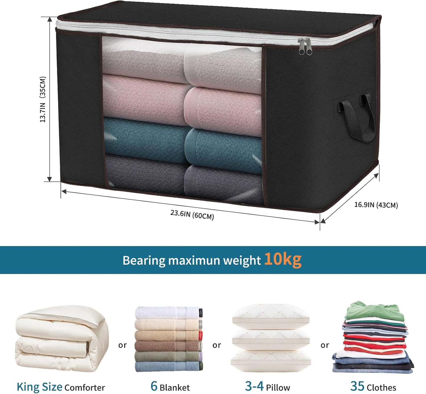 Large Storage Bags, 4 Pack Clothes Storage Bins Foldable Closet Organizers Storage Containers with Durable Handles Thick Fabric for Blanket Comforter Clothing Bedding 90 L (Black)
