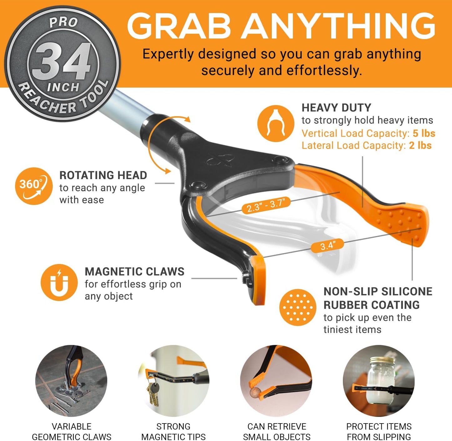 EZPIK Pro 34" Foldable Grabber Reacher Tool for Seniors - Grabbers for Elderly Reaching Tool Heavy Duty Pickup Trash Picker Upper Equipment - Claw Grabber Stick for Reaching Aids, Weed Gripper 3-Pack