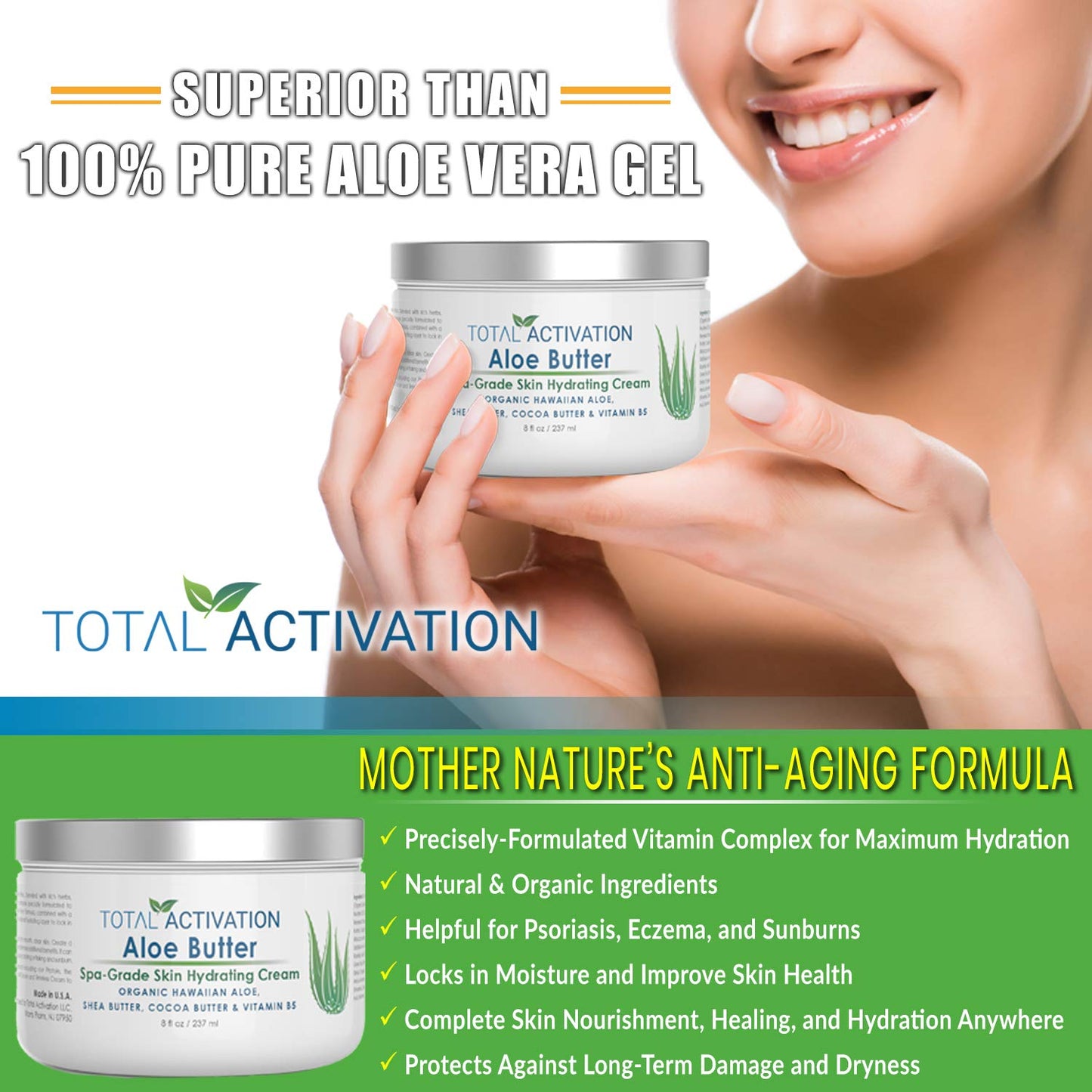 Total Activation Large 8 oz Hawaiian Aloe Vera Cream for Face, Moisturizer to use Day or Night, Anti Wrinkle Aloe Vera Lotion for Skin, Sunburn Relief, and Dry Skin