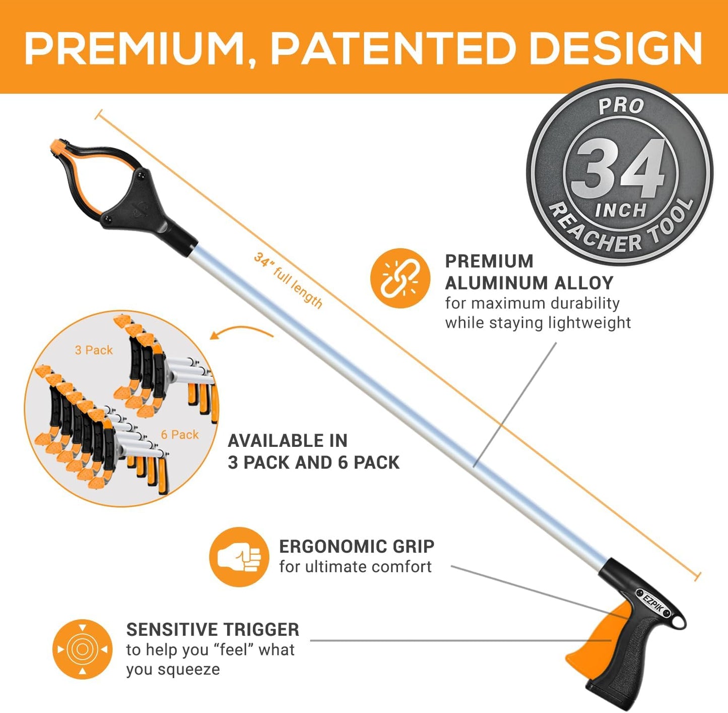 EZPIK Pro 34" Foldable Grabber Reacher Tool for Seniors - Grabbers for Elderly Reaching Tool Heavy Duty Pickup Trash Picker Upper Equipment - Claw Grabber Stick for Reaching Aids, Weed Gripper 3-Pack