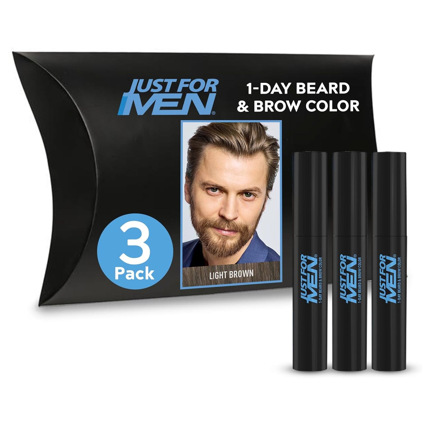 Just for Men 1-Day Beard & Brow Color, Temporary Color for Beard and Eyebrows, For a Fuller, Well-Defined Look, Up to 30 Applications, Light Brown, Ships in Eco-Friendly Packaging (Pack of 3)