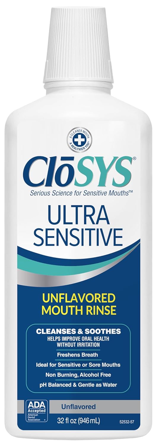 CloSYS Ultra Sensitive Mouthwash, Unflavored Alcohol Free, Dye Free, pH Balanced, Helps Soothe Entire Mouth – 32 Oz