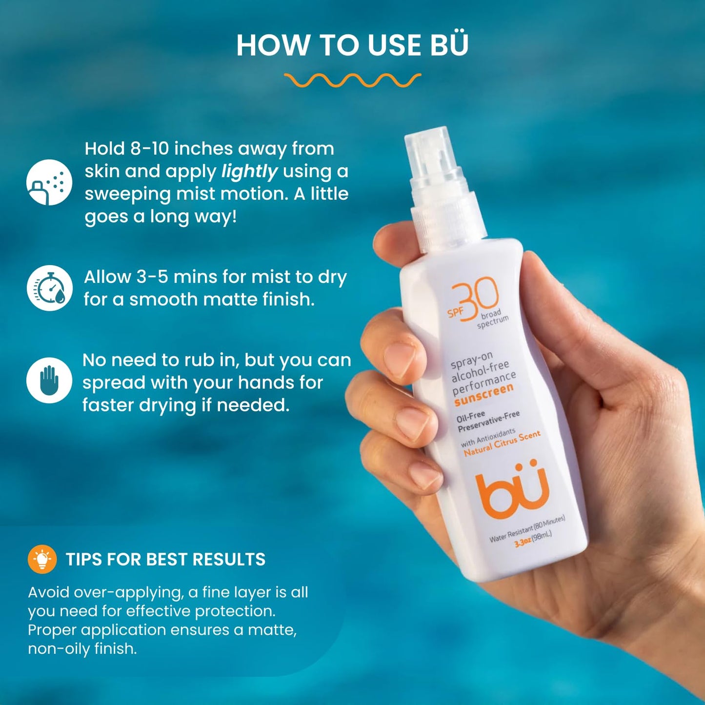 BU SPF 30 Sunscreen Spray for Face and Body, Non Aerosol Spray, Clear WOWmist, TSA Travel Size Sunblock, Oil Free and Water Resistant for Sensitive Skin, Natural Citrus 3.3 oz