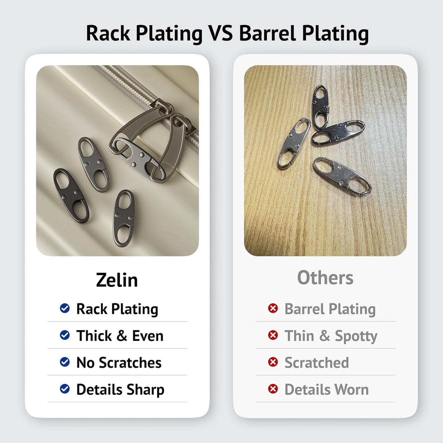 Zelin Anti Theft Zipper Clips Double Opening Small Carabiner Clips, 4Pcs Elegant Zinc Alloy Zipper Pull Replacement for Travel, Commuting and Camping (Frost Silver)