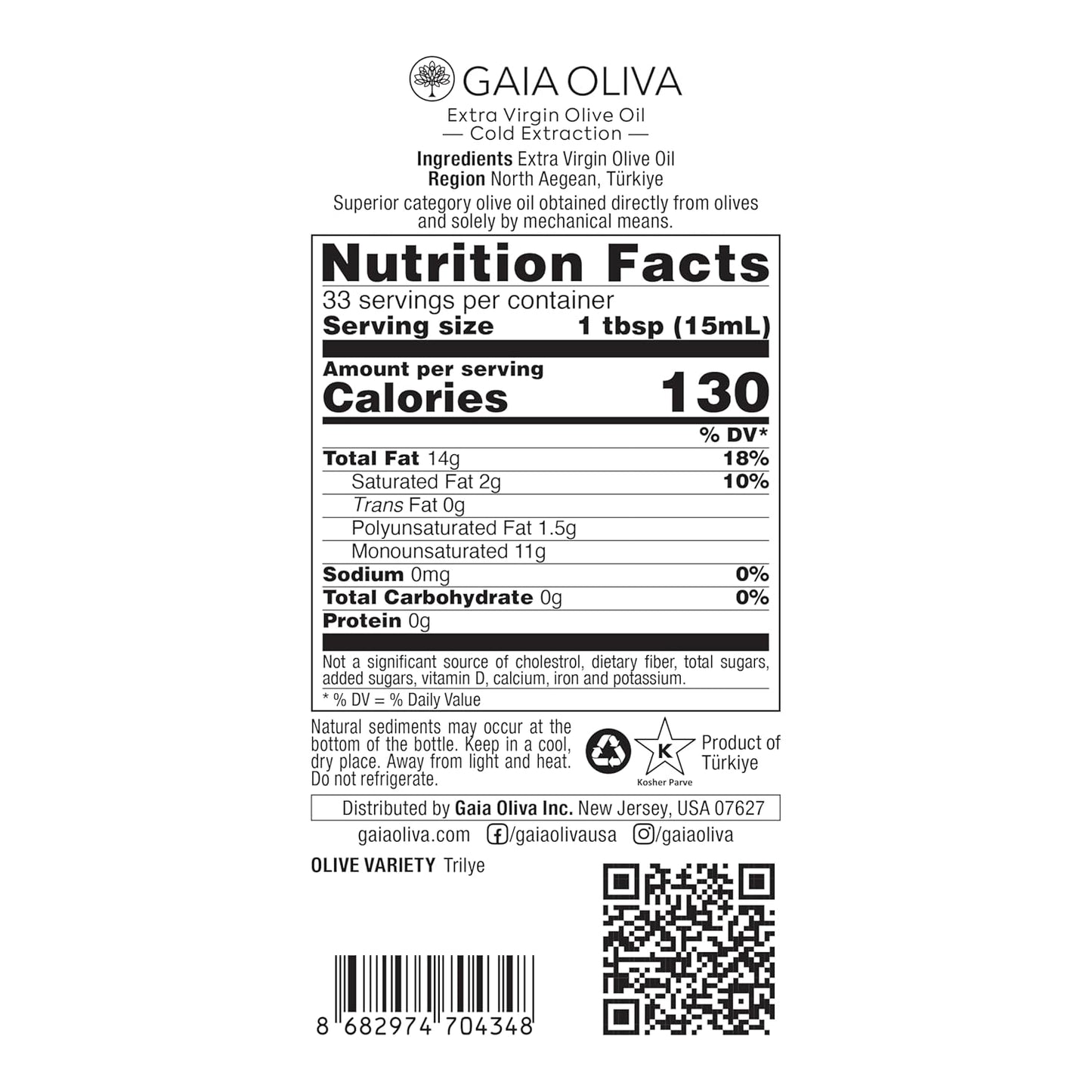 Gaia Oliva Everyday Extra Virgin Olive Oil – Cold Pressed, Unrefined, Single Estate, Trilye Olives, Low Acidity, Dark Glass Bottle, 100% Extra Virgin, Product of Turkey, New Harvest, Polyphenol-Rich, High Antioxidants