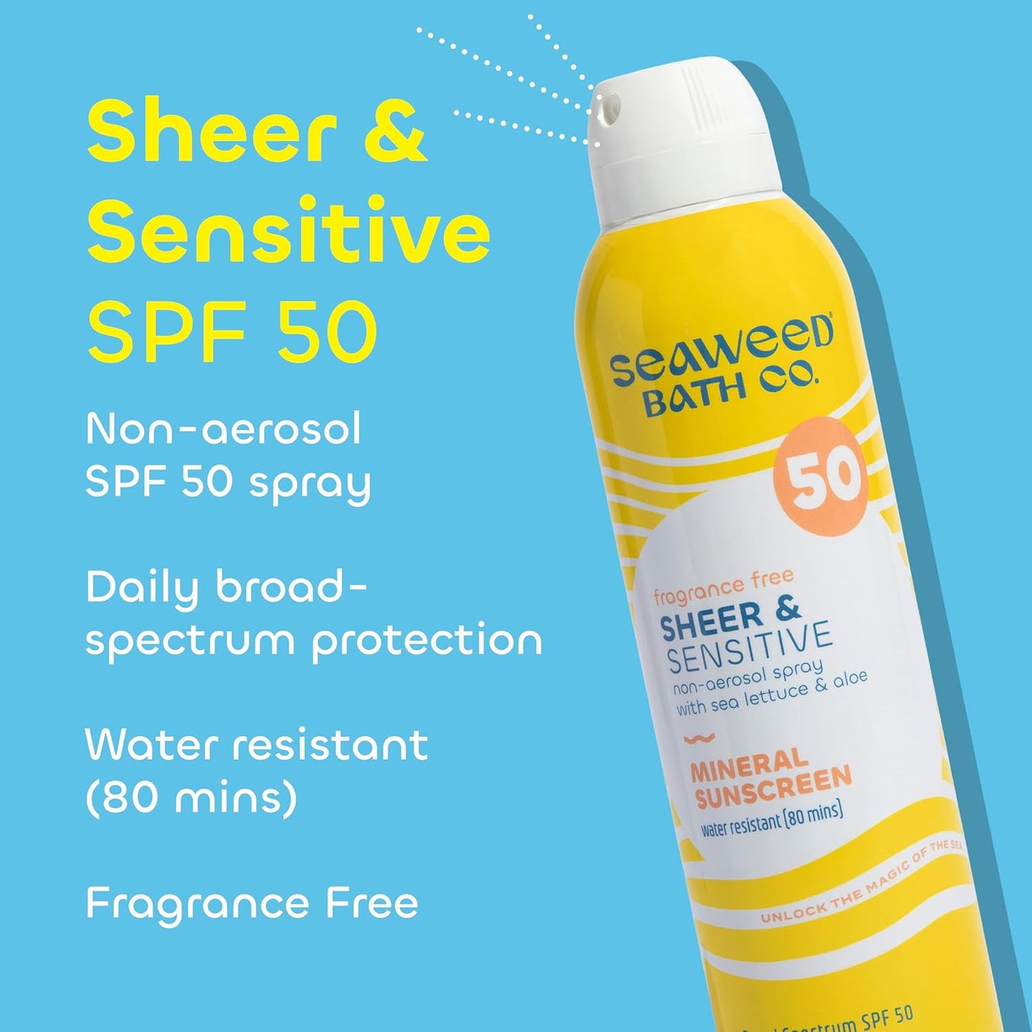 Seaweed Bath Co. Sheer Mineral Sensitive SPF 50 Broad Spectrum Sunscreen Spray - Fragrance Free, Non-Nano, Skin-Friendly Formula - 6 oz