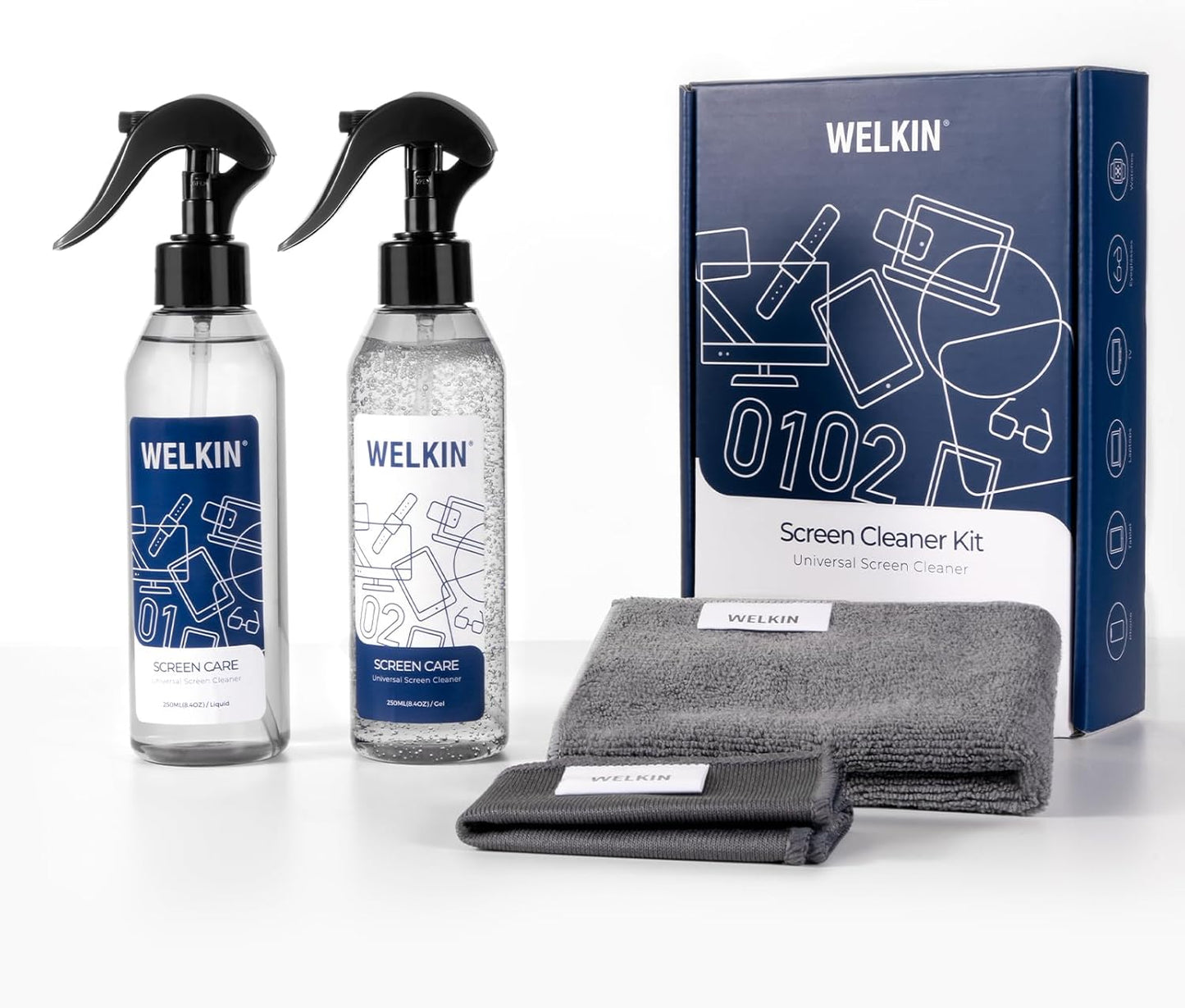 WELKIN Screen Cleaner Spray Kit (250ml + 250ml) - Cleaning Mist and Gel for TV, Laptop, Computer, Phone Touchscreen - 2 Sprayers, 1 Microfiber Cloth & 1 Glass Wipe Included