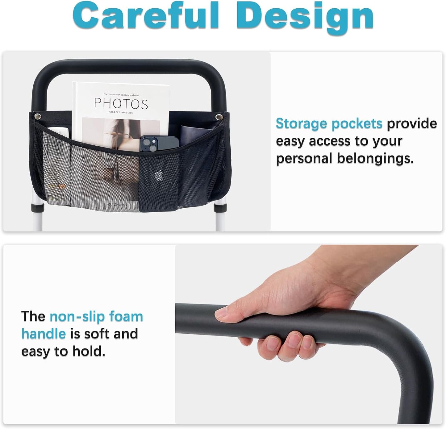 Bed Rails for Elderly Adults Safety Height Adjustable Bed Assist Rail for Seniors Bedside Fall Prevent Grab Bar with Storage Pocket Fits King Queen Full Twin Bed (Grey)