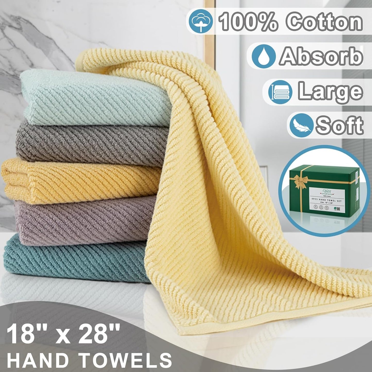 VOOVA & MOVAS Hand Towels for Bathroom Set of 4,Large 18"x 28" - 100% Cotton | Lightweight | Thick | Quick Dry | Soft | Absorbent, Bath Hand Towels, Bathroom Essentials, Blue