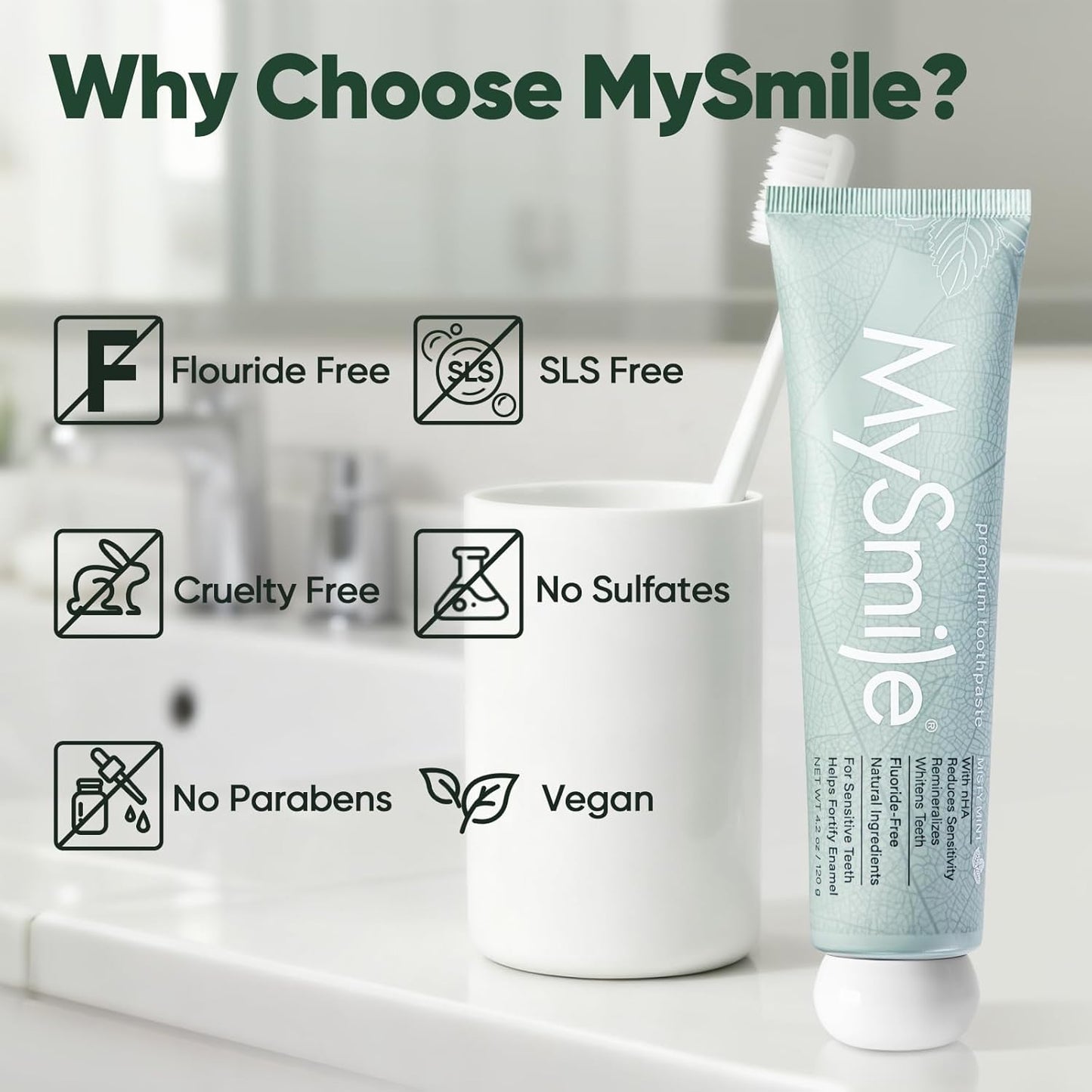 MySmile Fluoride Free Toothpaste, Nano Hydroxyapatite Toothpaste for Sensitive Teeth, Strengthens Enamel, Remineralizes & Whitens Teeth, Freshens Breath for Adults, SLS Free, Natural Misty Mint, 4.2oz