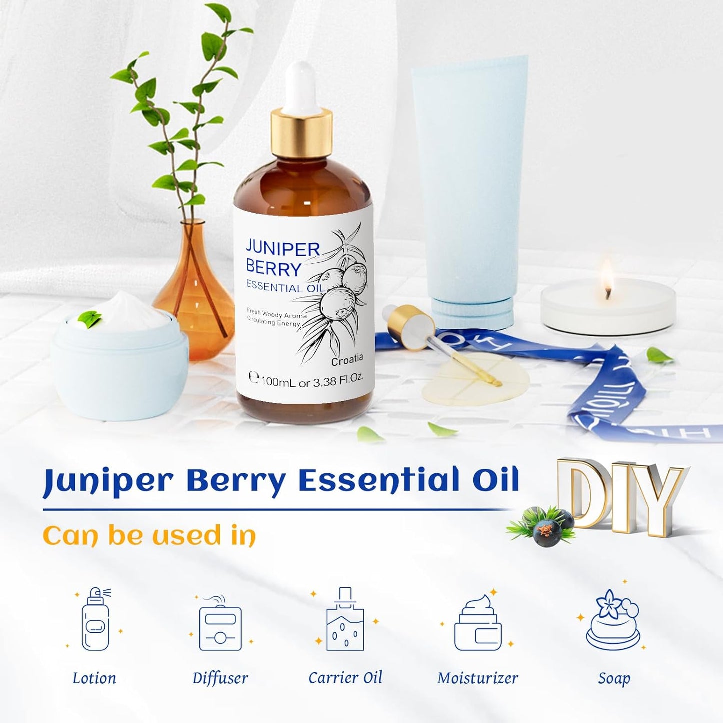 HIQILI 100ML Juniper Berry Essential Oil,100% Pure Natural Undiluted Premium - 3.38 Fl Oz