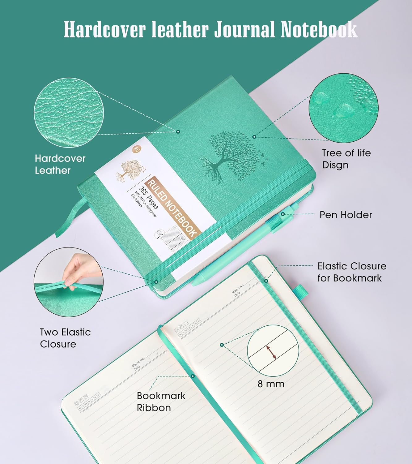 Lined Journal Notebook -365 Pages A5 Thick Journals for Writing Hardcover Leather Journal for Women Men, Daily Journal Notebook for Work, Note Taking, 100Gsm Lined Paper Teal 5.75" x 8.38"