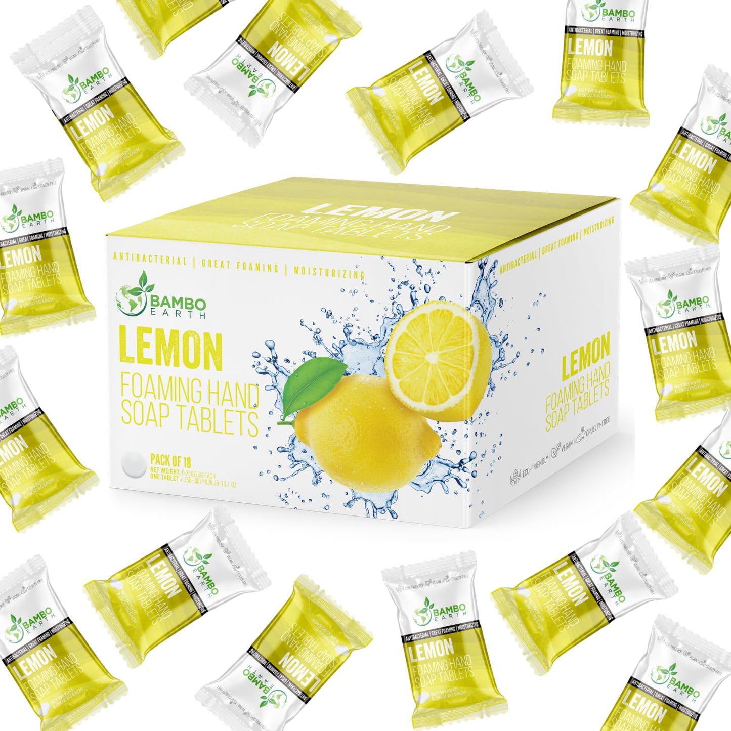 18 Pack Natural Foaming Hand Soap Tablets - Soft Moisturizing Handwash Tab Refills - 1 Tablet = 9 Oz Refillable Liquid Wash Foam Handsoap - Eco-Friendly Paper Softsoap Refill Tabs (Lemon)