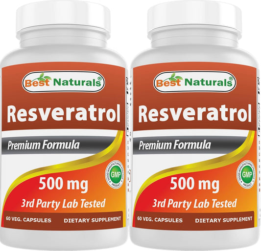 Best Naturals 2 Packs Resveratrol Complex 500 mg 60 Veg Capsules Made with Grape Skin, Red Wine, Quercetin - Gluten Free & Non GMO - (Total 120 Capsules)