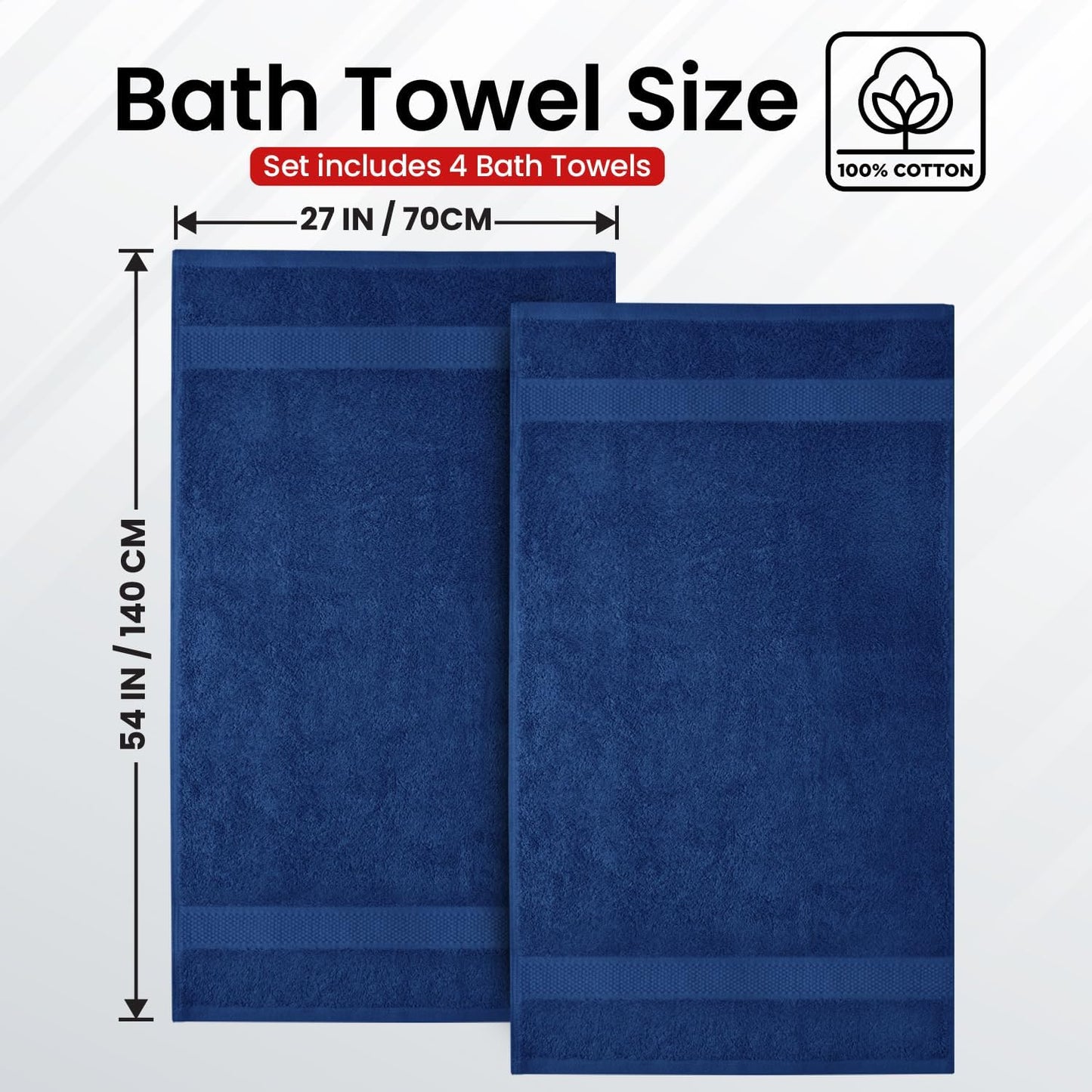 Infinitee Xclusives Luxury 100% Ring-Spun Cotton Bath Towels Set of 4 (27x54 inches) – Soft, Absorbent & Quick-Drying Towels for Bathroom, Gym, Spa & Hotel Use (Tranquil Navy, Bath Towels)