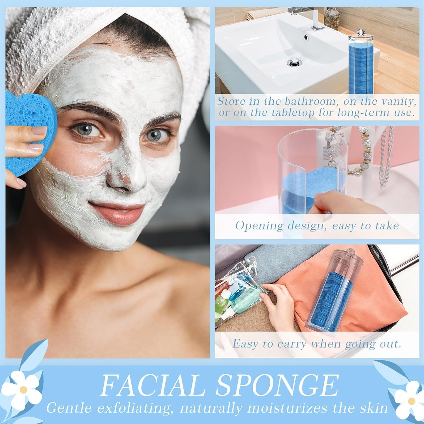 Sieral 120 Pcs Compressed Facial Sponges with Container Disposable Face Sponge Pads for Washing Face Cleansing Exfoliating Esthetician Makeup Removal(Heart,Dark Blue)