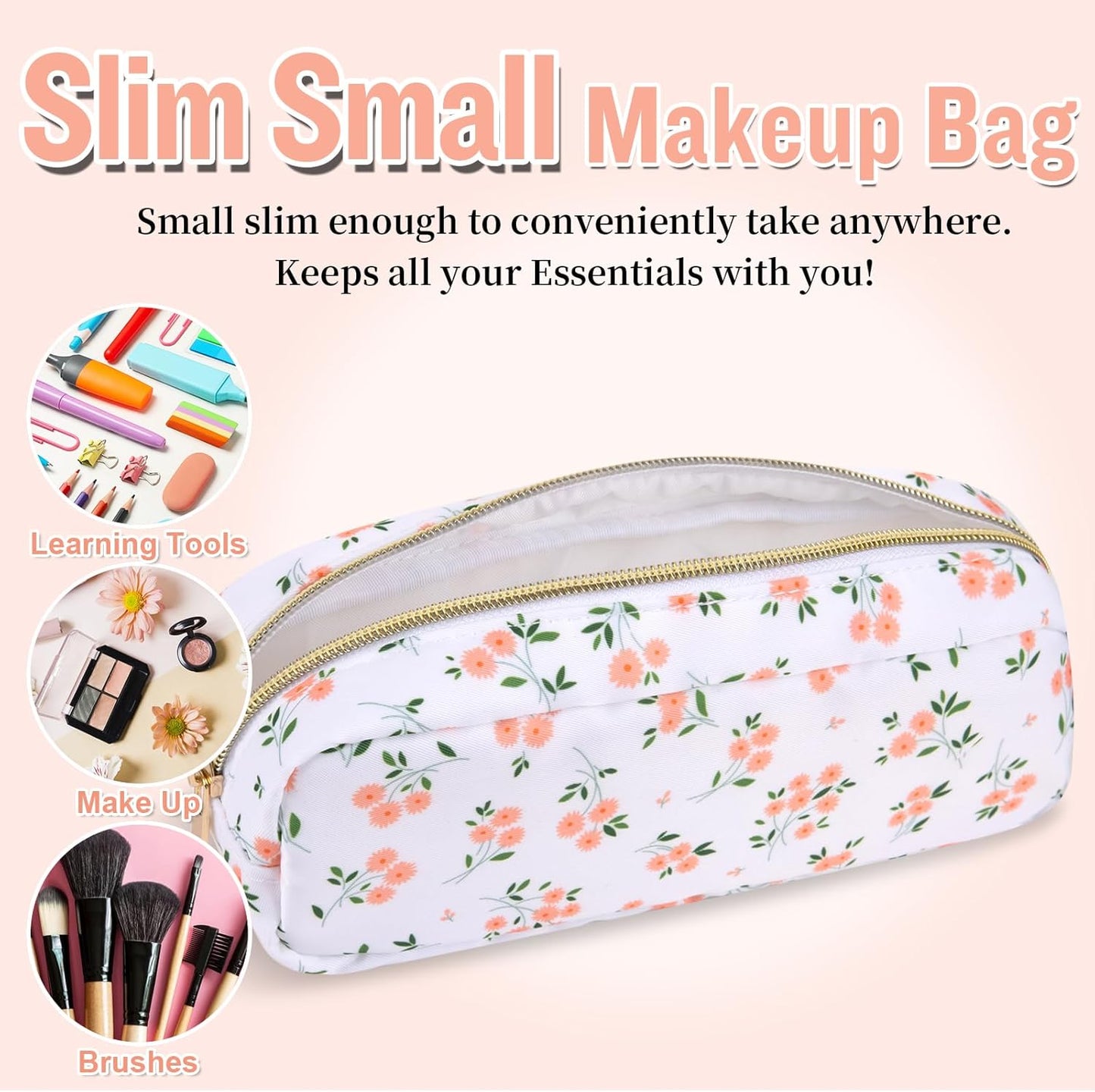 izuzta Nylon Small Floral Makeup Bag Slim Pouch, Preppy Cute Makeup Brush Case Bag Cosmetic Zipper Pouch Purse, Waterproof Travel Toiletry Bag Coin Pouch Make Up Organizer Women Girls(White-Floral)