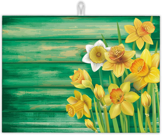 Yellow Daffodils Flowers Dish Drying Rack Mats Decor, Dish Pad Drying Mat Kitchen Counter 18x24 Inch Absorbent Reversible Microfiber for Coffee Bar Sink Countertop