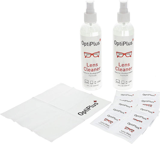 OptiPlus 16oz Lens Cleaning Care Pack | All Natural Eyeglass Cleaning Kit | Eyeglass Cleaner Spray | Lens Wipes | Microfiber Cloth | VOC and Alcohol Free