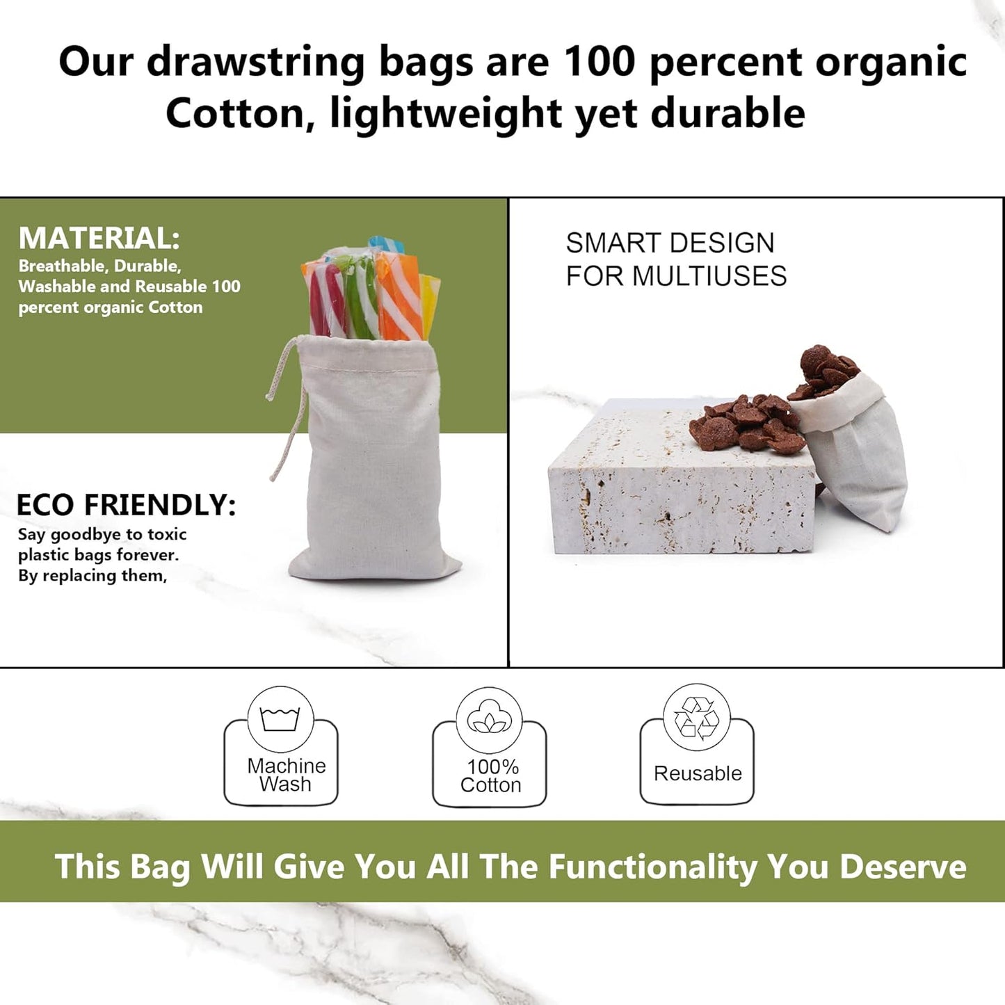 Reusable Eco friendly 10x12 Inches Cotton Thick Single Drawstring Muslin Bags "premium quality (Natural Color) - 25 count pack