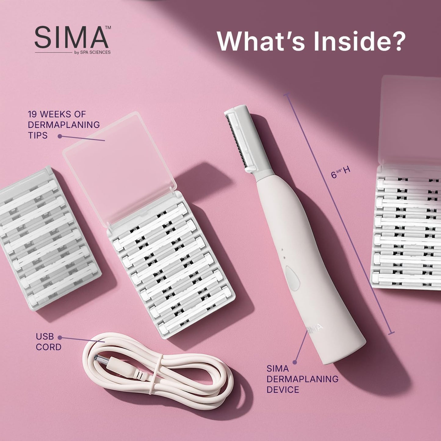 SPA SCIENCES - SIMA Patented Dermaplane Razor for Women Face – Painless 2-in-1 Facial Exfoliation & Peach Fuzz Hair Removal – Anti-Aging – 3 Speeds – Rechargeable – 19 Weeks Treatment