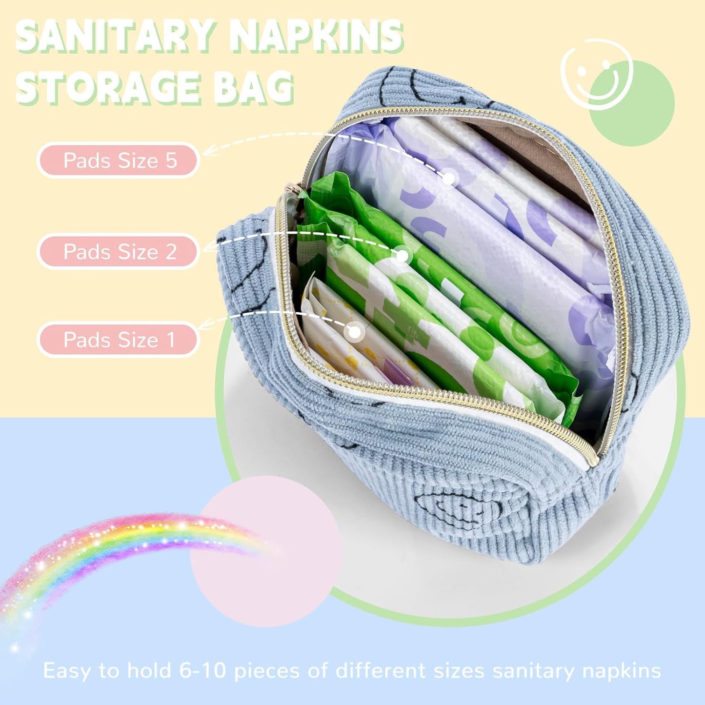 Period Bag for Teen Girls - Shark Week Pouch - Corduroy Portable Sanitary Pad Bags - Holds 6-10 Pads - Pink