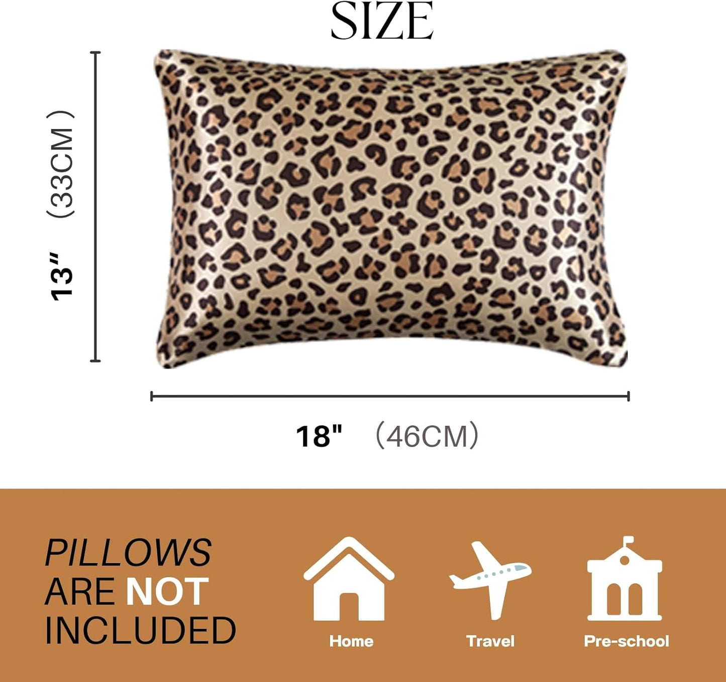 Silky Satin Toddler Pillowcases Pack of 2, 13x18 Inches Cheetah Print Travel Pillowcases with Envelope Closure, Small Kids Pillow Cases Covers, Gold Leopard