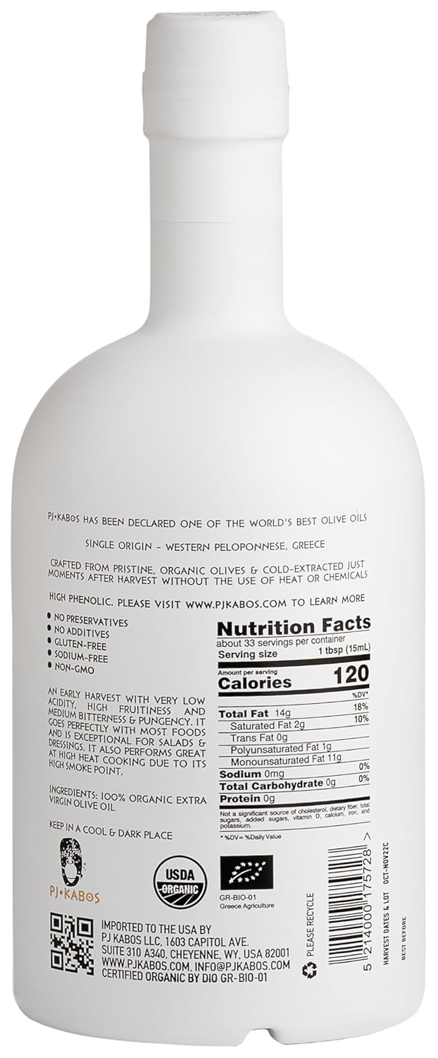 P.J. KABOS 2024/25 Harvest, High Phenolic (500+mg/kg), USDA Organic Greek Extra Virgin Olive Oil, Kosher, Greece, Cold Extracted, 6 x 16.9 oz, Koroneiki, "Family Reserve Organic -Medium"