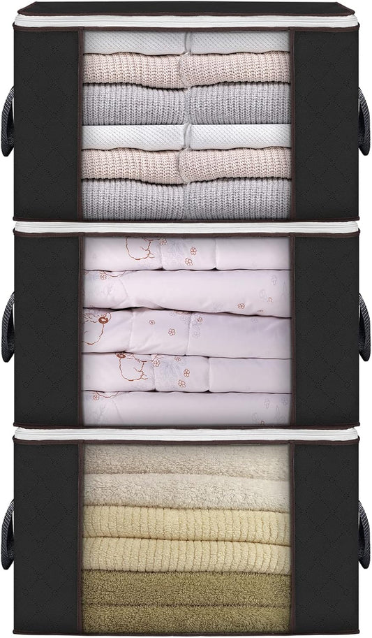 Large Storage Bags, 3 Pack Clothes Storage Bins Foldable Closet Organizers Storage Containers with Durable Handles Thick Fabric for Blanket Comforter Clothing Bedding 90 L (Black)