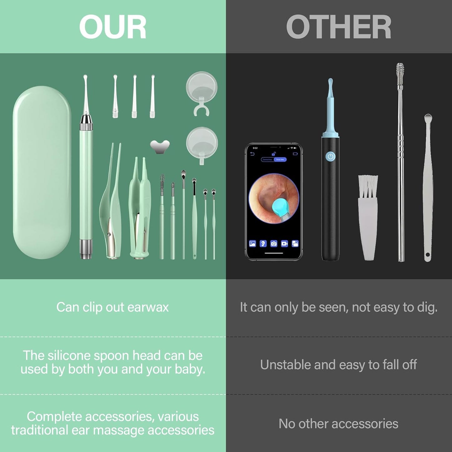 POZILAN Ear Cleaning Kit with LED Light - 15 Pack Ear Wax Removal Kit for Kids and Adults, Earwax Spoon Digger & Tweezers for Ear Cleaning Tool Present Set(Green)