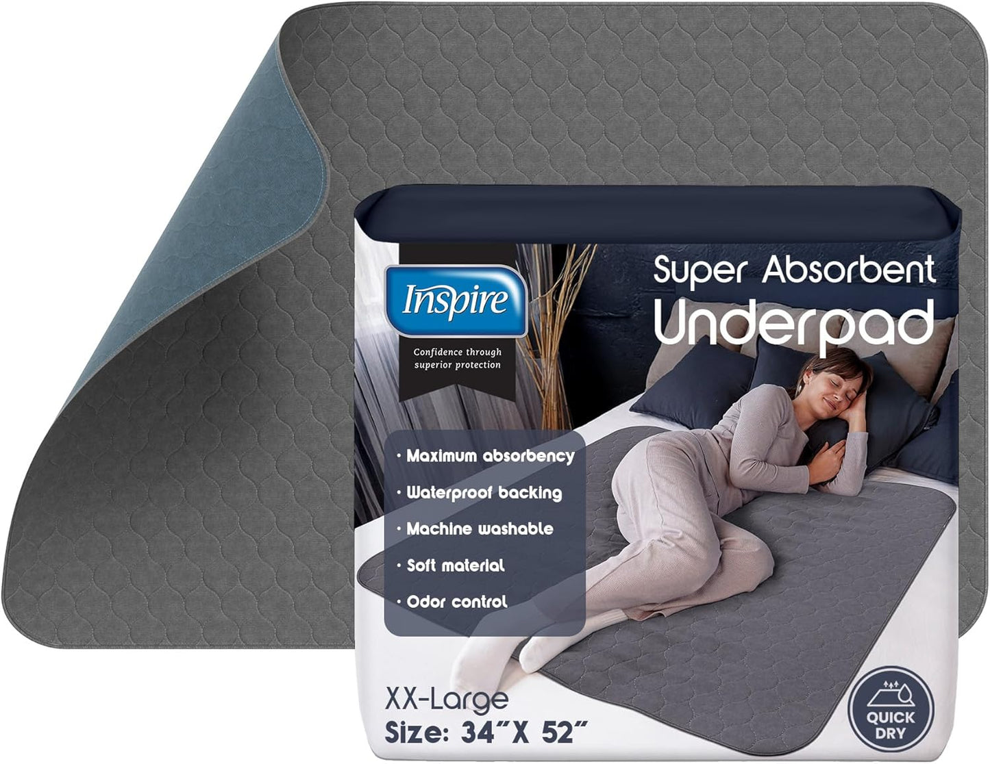 Inspire Underpads | Stain Hiding Gray Reusable Incontinence Bed Pads | Waterproof Mattress Pad | for Adults Babies and Dogs (34 X 52 - 1 Pack)