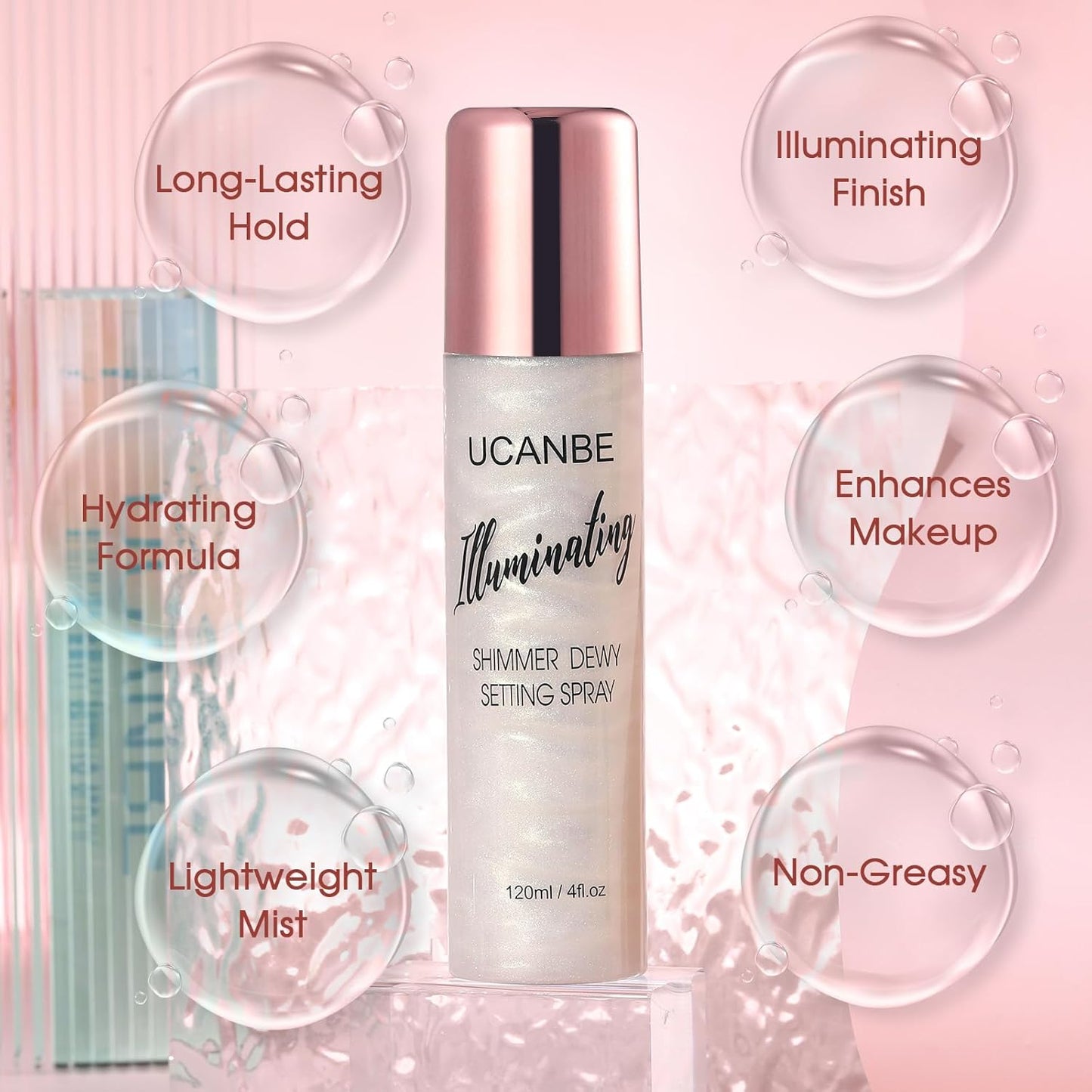 UCANBE Shimmer Dewy Setting Spray – Glowing + Makeup Setting Spray 2 in 1 Lightweight Formula for a Radiant Glow,Long-Lasting Face Mist for Face Body, 4 Fl Oz #Platinum