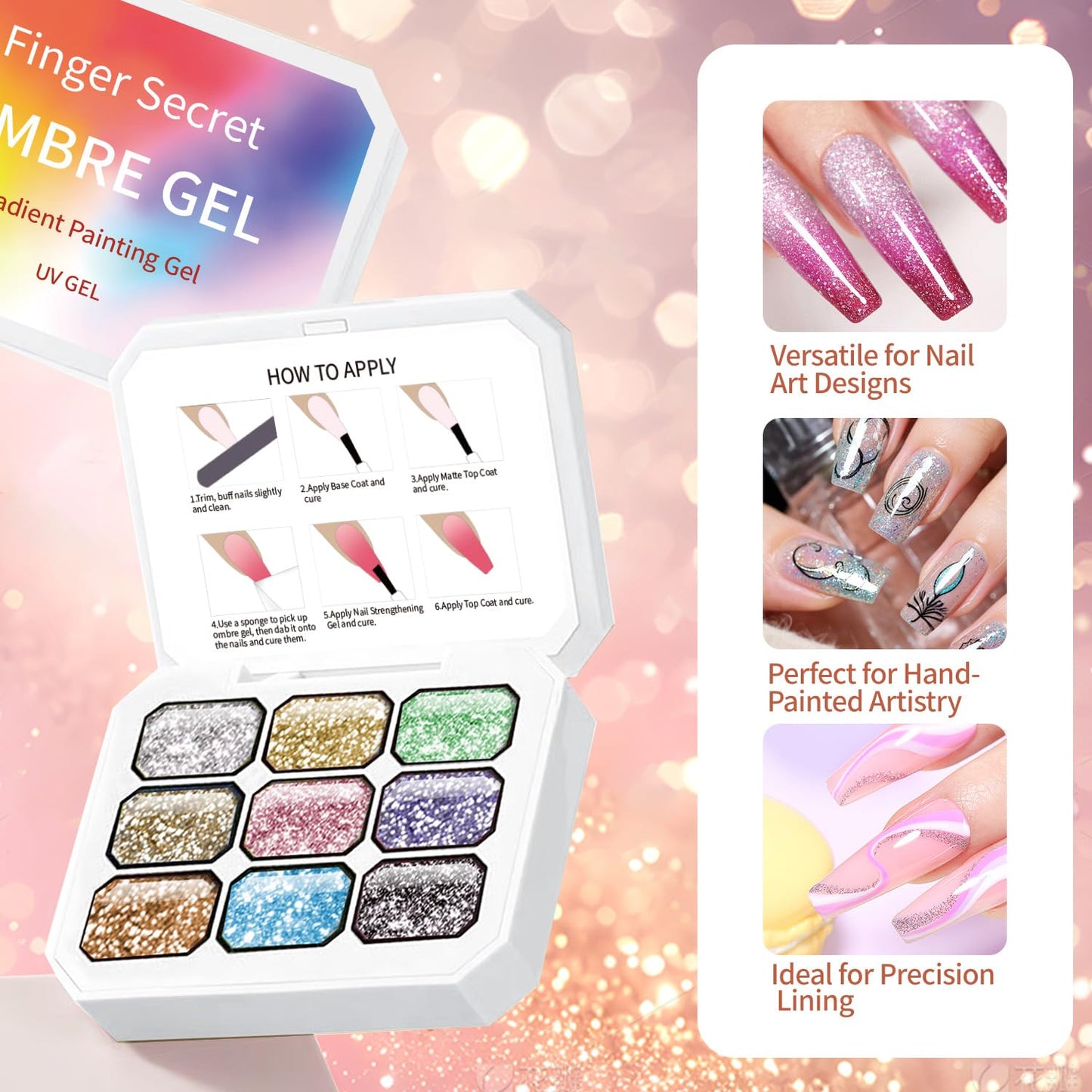 Ombre Gel Nail Polish Set,9 Colors Metallic Shine Gradient Painting Patting Gel Polish for Nail Art DIY Gradient Painting for Salon or Home Use