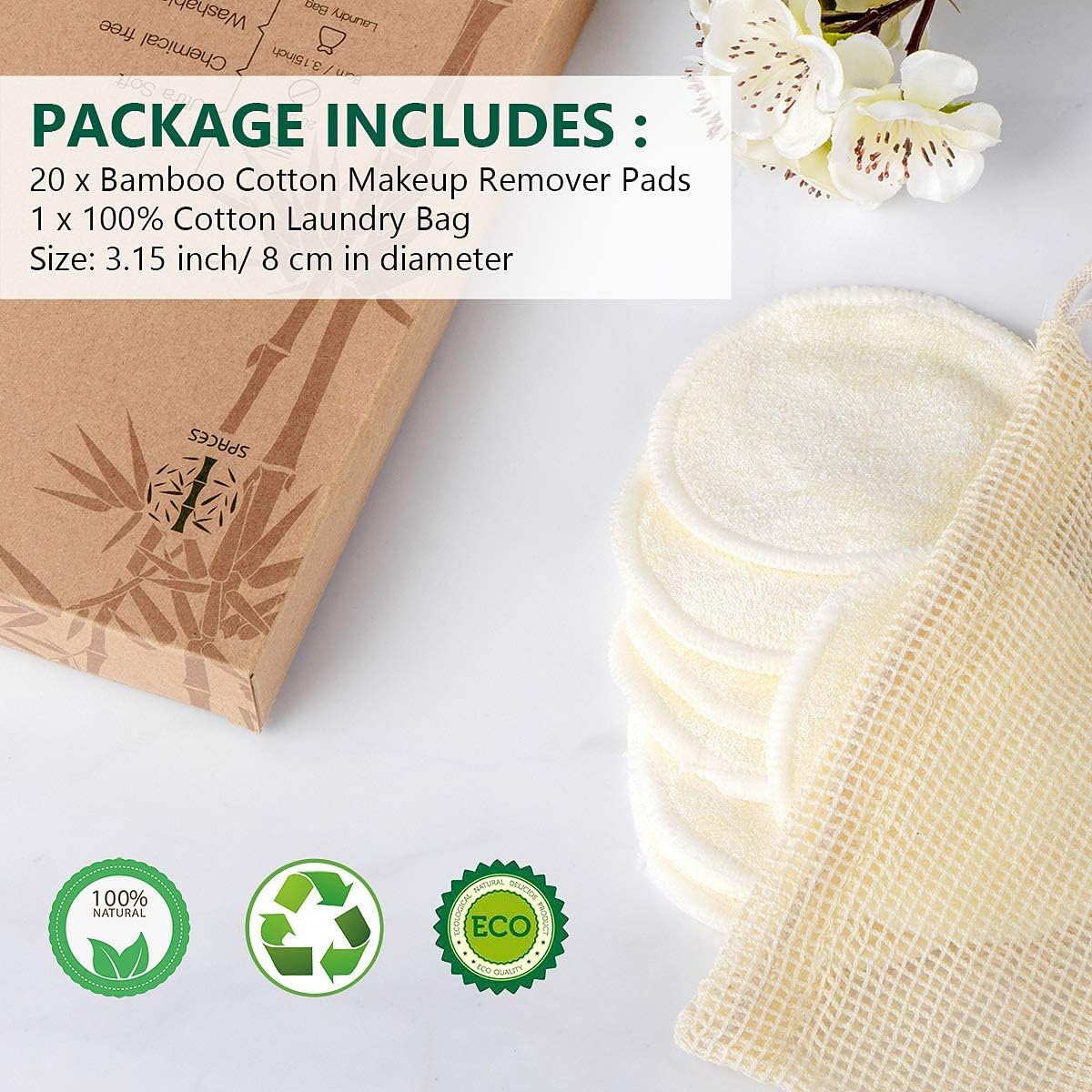 20 Packs Organic Reusable Makeup Remover Pads, Washable Bamboo Cotton Rounds for All Skin Types with Cotton Laundry Bag