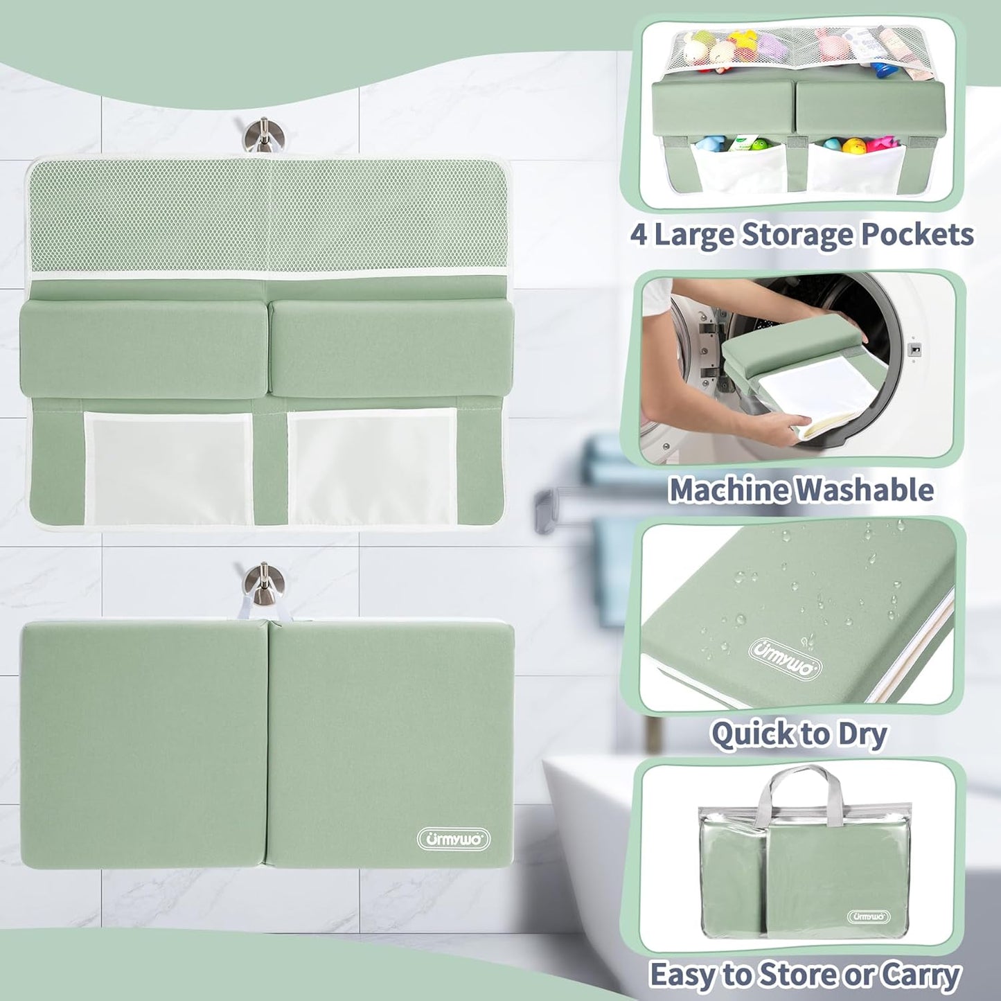 URMYWO Bath Kneeler and Elbow Rest Pad Set - 1.5" Thick Baby Bath Kneeler Pads with Toys Organizer, Anti-Slip Cozy Knee & Arm Support Bathtub Mat, Quick Dry Kneeling Pad for Baby Bath Time