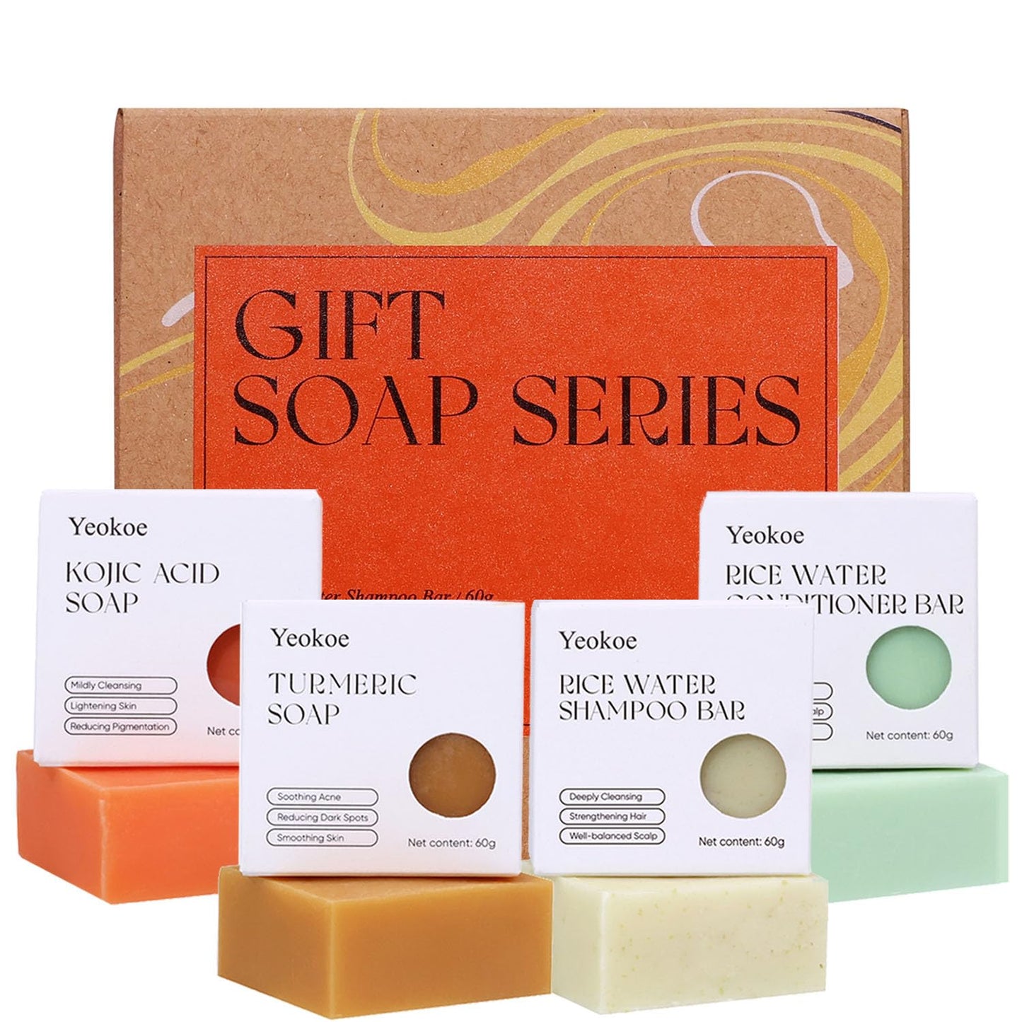 Turmeric Soap Bar and Rice Water Shampoo Conditioner Bar Set,Kojic acid for Body,Face and Hair,Deep Cleansing,Travel Toiletries,Spa Gifts For Women
