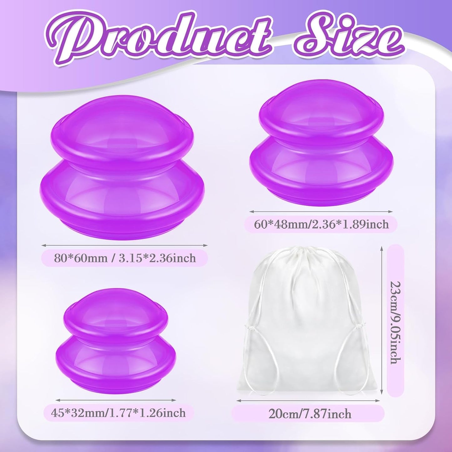 TrelaCo 6 Pcs Cupping Kit for Massage Therapy 3 Sizes Silicone Cupping Set Chinese Massage Therapy for Studio Household Cellulite Joint Pain Muscle Pain(Clear Purple)