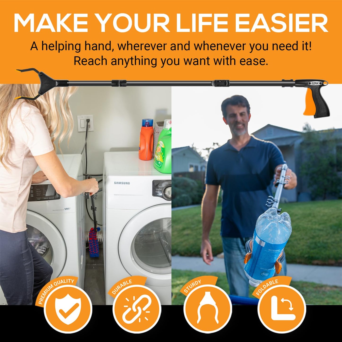 EZPIK Classic 40" Flexible Folding Grabber Tool for Elderly + Magnets, Reacher for Disabled & Seniors Heavy Duty Rotating Grippers for Reaching Underneath, Trash Grabbers & Pickers for Mobility 2-Pack